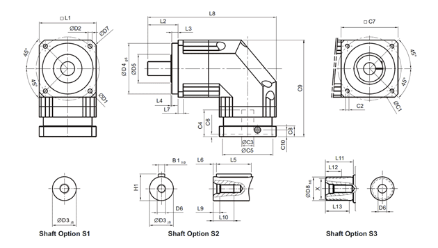 Afmetingen ABR serie 1 traps, Ratio i= 3~20