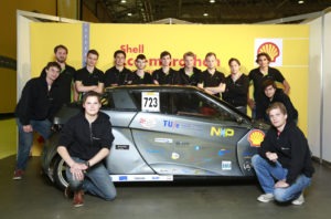 The EM-03, #723, battery electric UrbanConcept, competing for team TU/ecomotive from Technische Universiteit Eindhoven, Eindhoven, Netherlands poses for a portrait during competition day one of the Shell Eco-marathon Europe 2015 in Rotterdam, Netherlands, Friday, May 22, 2015. (Jiri Buller/AP Images for Shell)